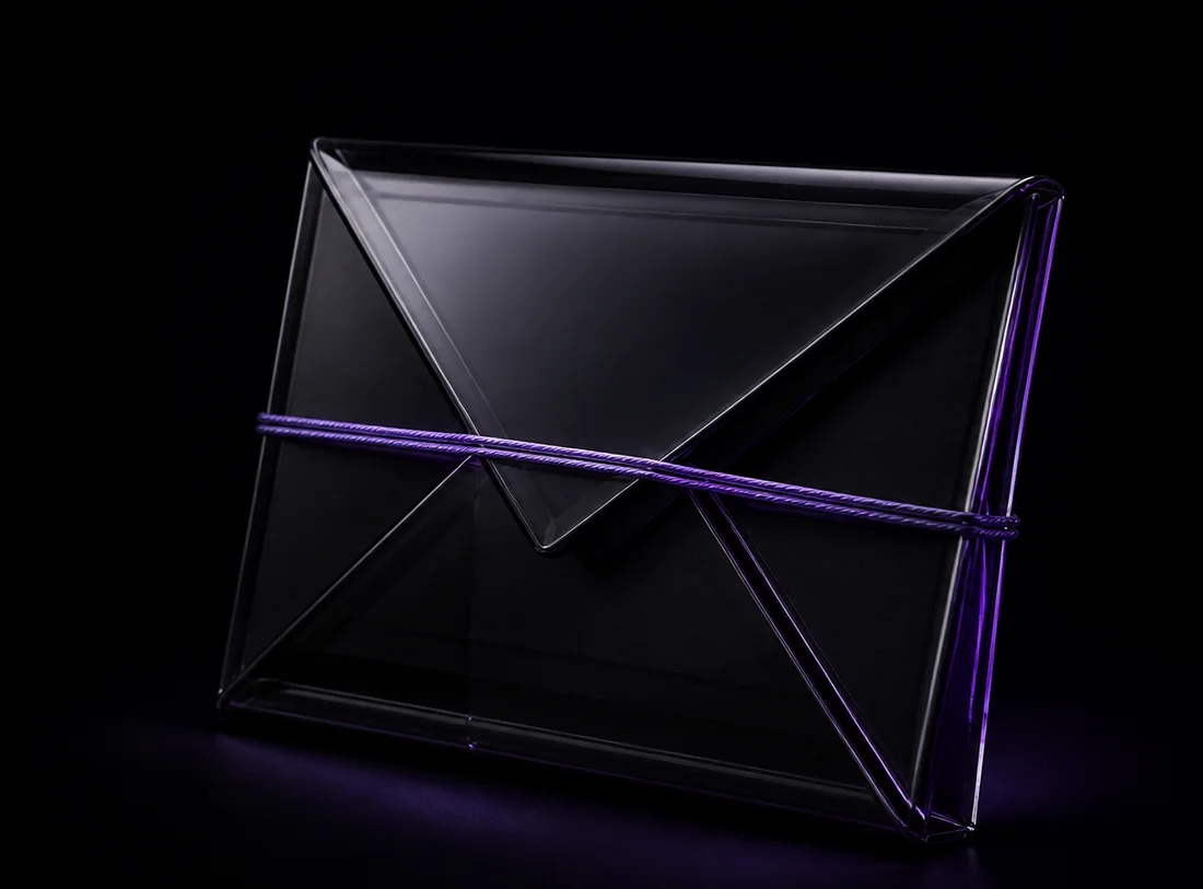 A sealed black-glass envelope bound with a violet cord, used to compare what Livara Chat encrypts against what a typical private messenger encrypts