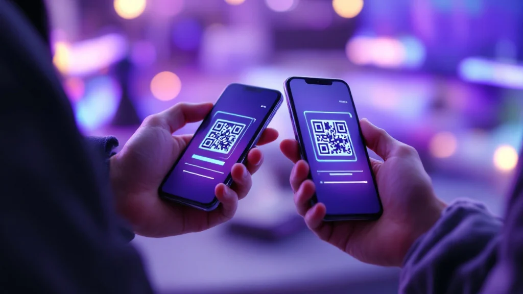 Two people using one smartphone to scan a contact-verification code displayed on another phone.