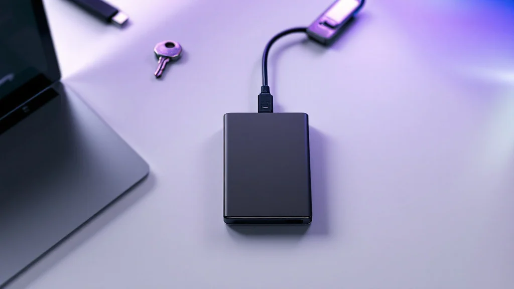 Smartphone, encrypted external drive and security key arranged for a secure local chat backup