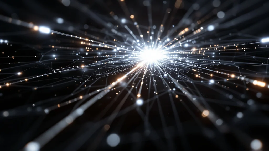 A bright fibre-optic pulse bypassing a tangled web of nodes, illustrating a secondary communication channel defeating interception.