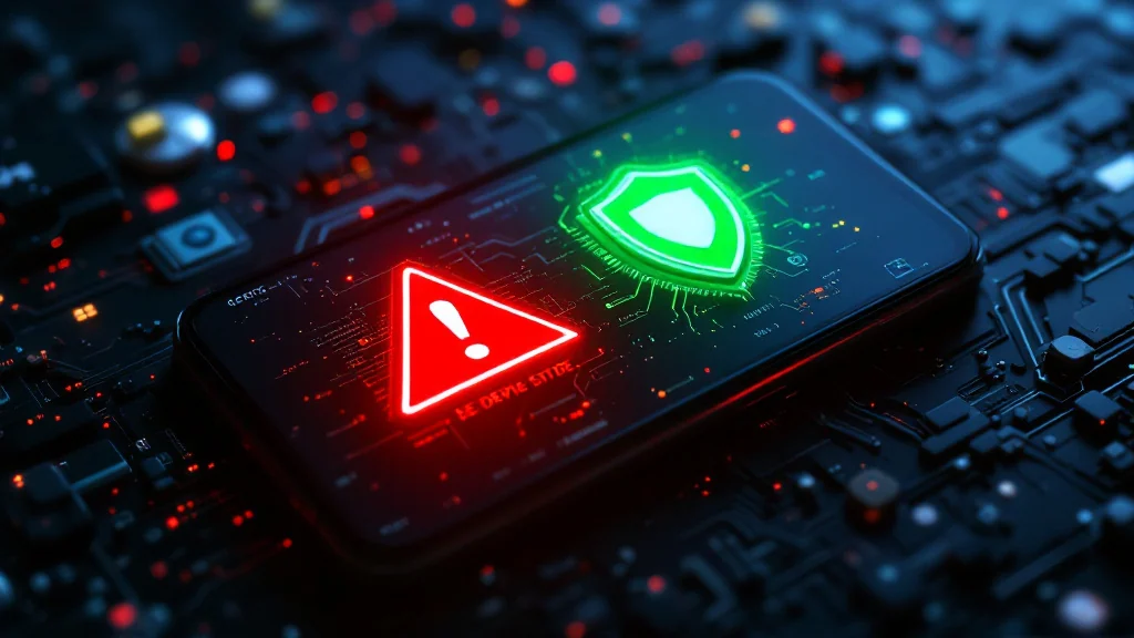A smartphone interface displaying a secure green shield confirming application integrity against a dark technical background.