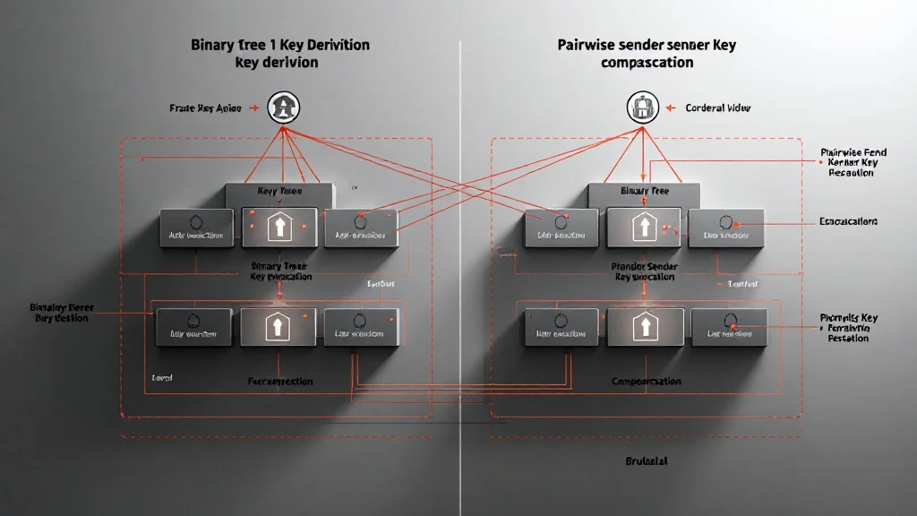 Diagram comparing MLS binary tree key ratchets against LGS1 post-quantum sender key pairwise distribution